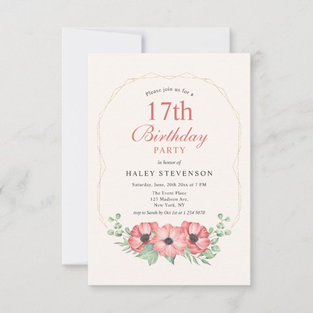 Rustic Elegant Blush Pink Floral 17th Birthday Invitation (Front)