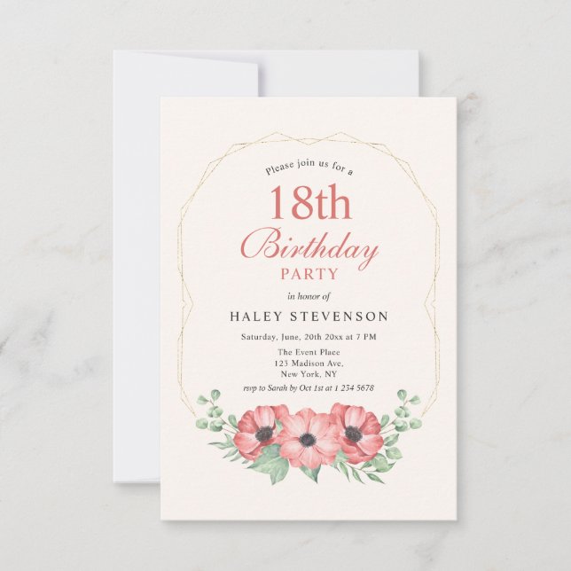 Rustic Elegant Blush Pink Floral 18th Birthday Invitation (Front)