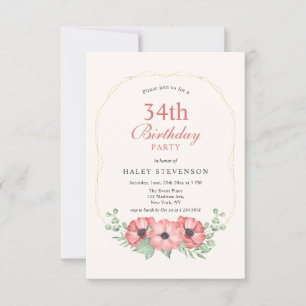 Rustic Elegant Blush Pink Floral 34th Birthday Invitation