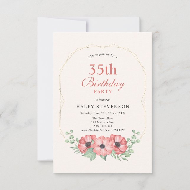 Rustic Elegant Blush Pink Floral 35th Birthday Invitation (Front)