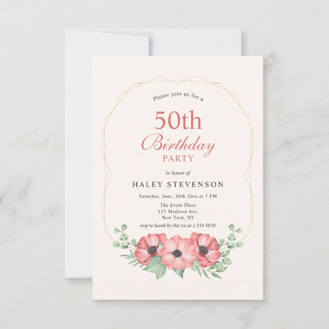 Rustic Elegant Blush Pink Floral 50th Birthday Invitation (Front)