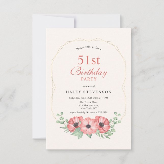 Rustic Elegant Blush Pink Floral 51st Birthday Invitation (Front)