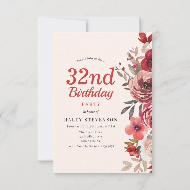 Rustic Elegant Boho Chic Floral 32nd Birthday Invitation (Front)