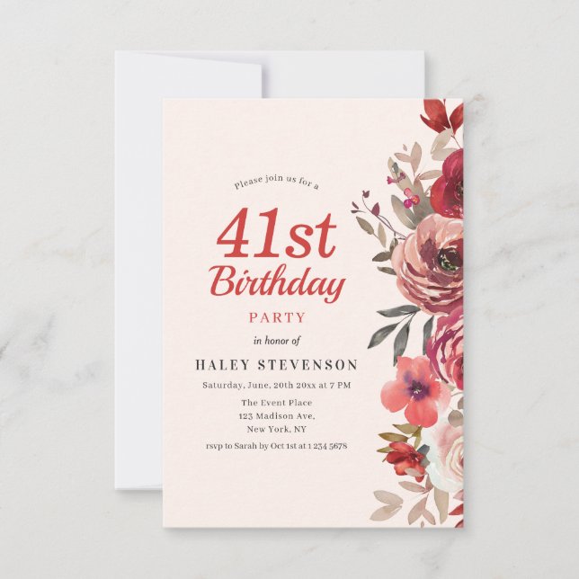 Rustic Elegant Boho Chic Floral 41st Birthday Invitation (Front)