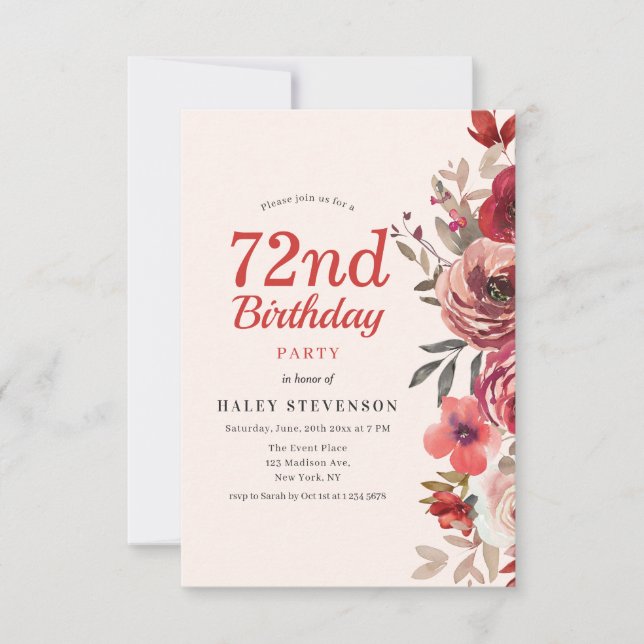 Rustic Elegant Boho Chic Floral 72nd Birthday Invitation (Front)