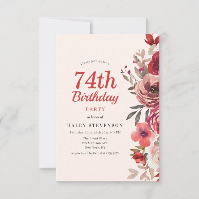 Rustic Elegant Boho Chic Floral 74th Birthday Invitation (Front)