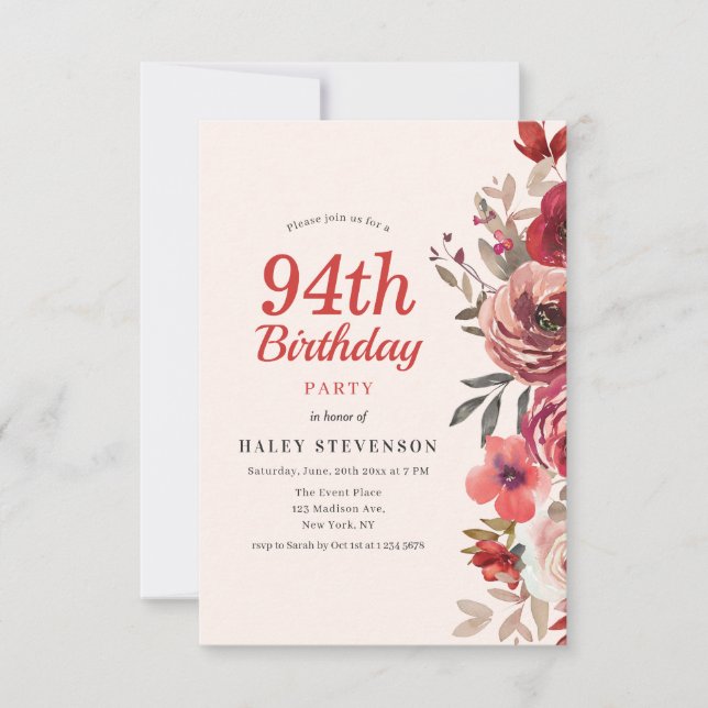 Rustic Elegant Boho Chic Floral 94th Birthday Invitation (Front)