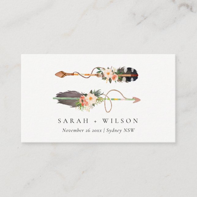 Rustic Elegant Boho Feather Floral Arrow Wedding Place Card (Front)