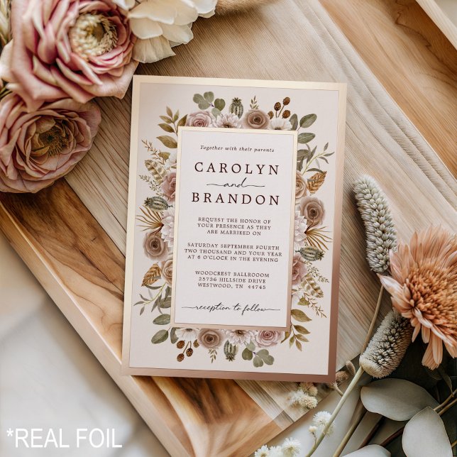 Rustic Elegant Boho Rose Gold Floral Wedding  Foil (Rustic Elegant Boho Rose Gold Floral Wedding Foil Foil Invitation)