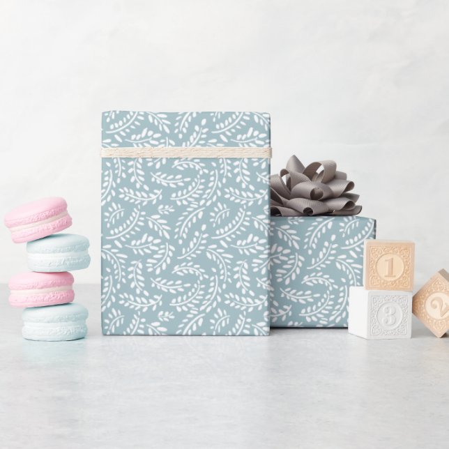 Rustic Elegant Botanical Leaves Dusty Blue Wrapping Paper (Baby Shower)