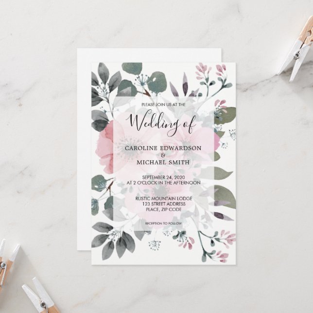 Rustic elegant botanical watercolor floral Wedding Invitation (Front/Back In Situ)