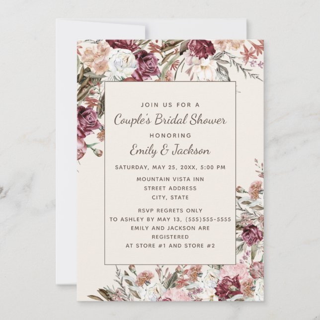Rustic Elegant Burgundy Blush Pink Floral Bridal Invitation (Front)
