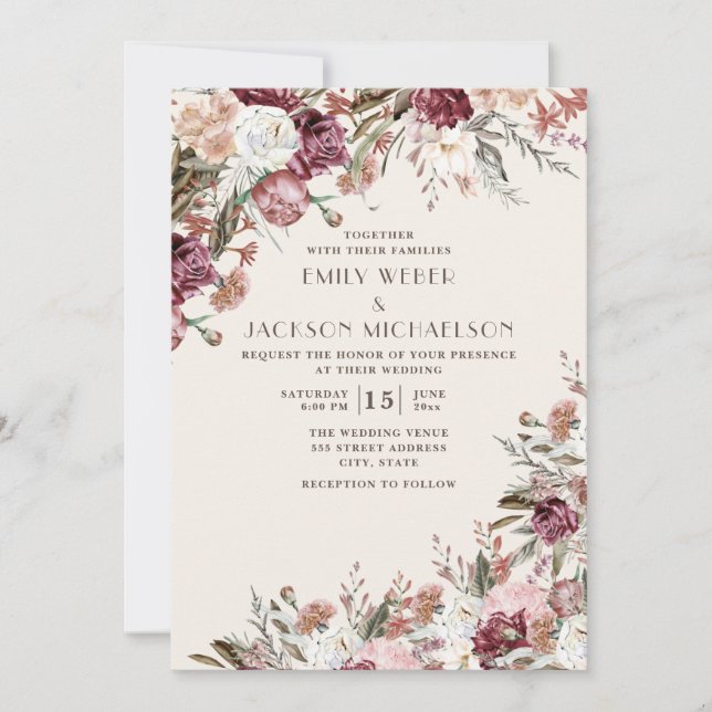 Rustic Elegant Burgundy Blush Pink Floral Wedding Invitation (Front)