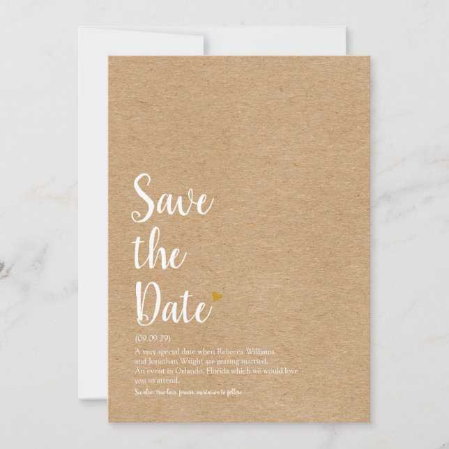 Rustic Elegant Chic Gold Heart Script Definition Save The Date (Front)