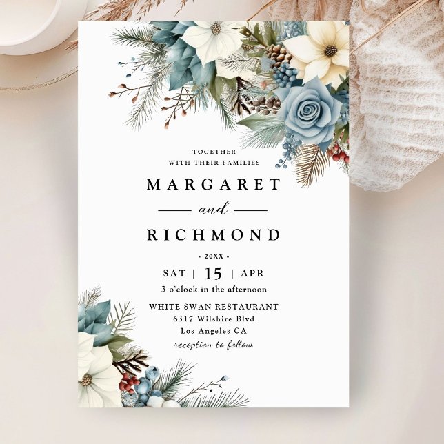 Rustic Elegant Dusty Blue Floral Winter Wedding Invitation (Creator Uploaded)