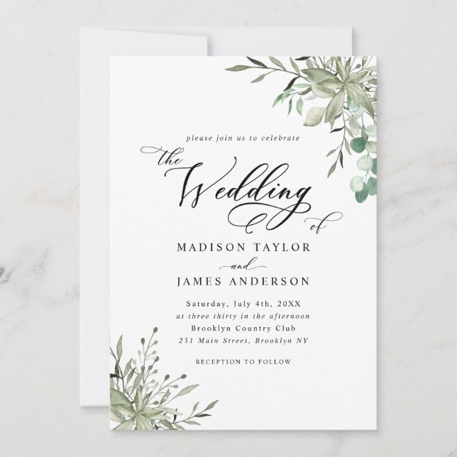 Rustic Elegant Eucalyptus Leaves Greenery Wedding Invitation (Front)