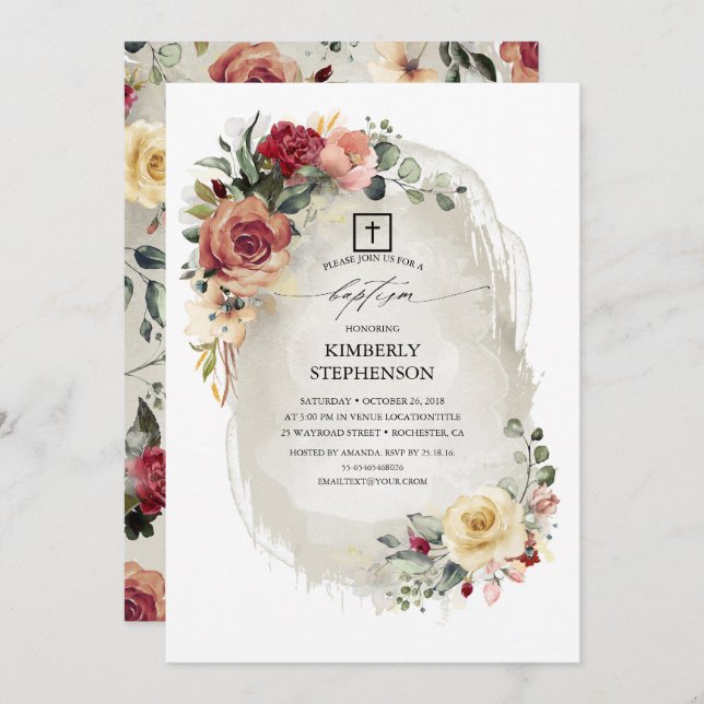 Rustic Elegant Floral Baptism Invitation (Front/Back)