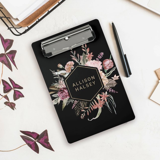 Rustic Elegant Floral Black with Geometric Frame  Mini Clipboard (Creator Uploaded)