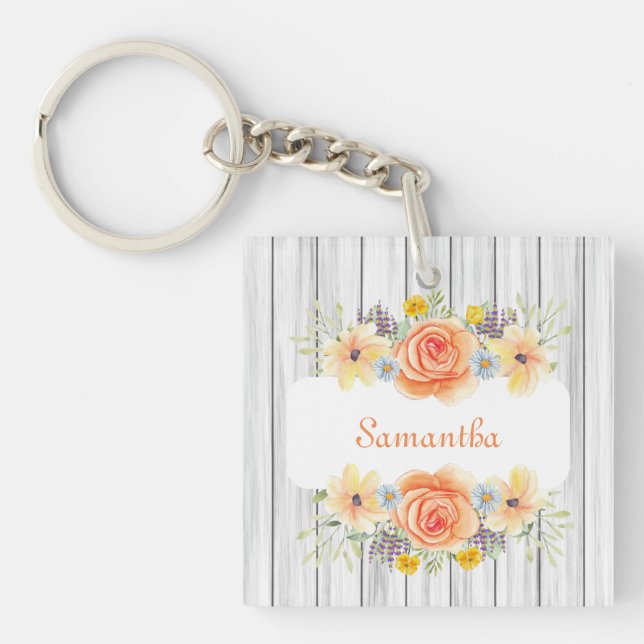 Rustic Elegant Floral Design Add Your Name Key Ring (Front)