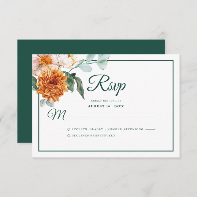 Rustic Elegant Floral Emerald Green Fall Wedding RSVP Card (Front/Back)