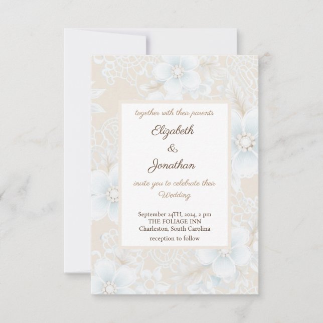 Rustic Elegant Floral Lace Neutral Blue Wedding Invitation (Front)