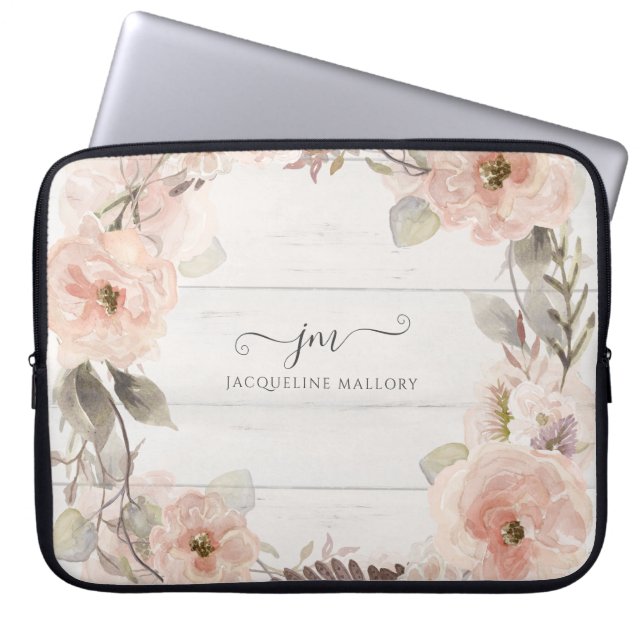 Rustic Elegant Floral Watercolor Foliage Monogram  Laptop Sleeve (Front)