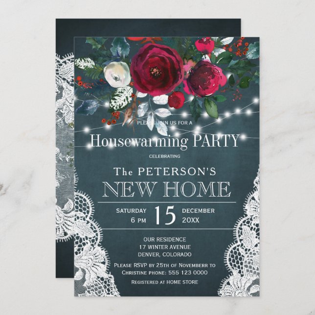 Rustic elegant floral winter housewarming party invitation (Front/Back)