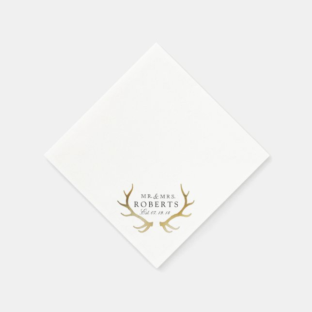 Rustic & Elegant Gold Antler | Custom Name Wedding Napkin (Corner)