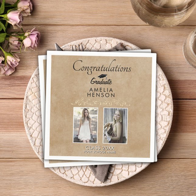 Rustic Elegant Gold Ornament 2 Photo Graduation Napkin (Creator Uploaded)