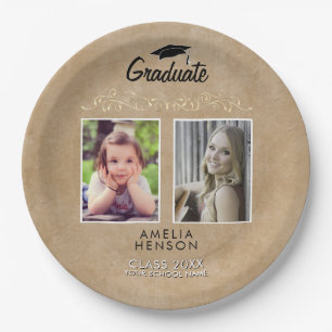 Rustic Elegant Gold Ornament 2 Photo Graduation Paper Plate