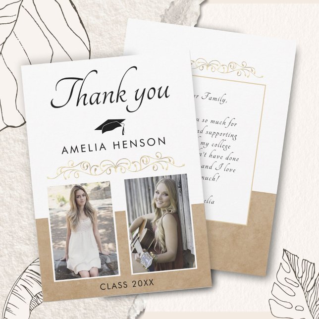 Rustic Elegant Gold Ornament 2 Photo Graduation Thank You Card (Creator Uploaded)
