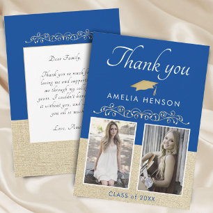 Rustic Elegant Gold Ornament 2 Photo Graduation Thank You Card