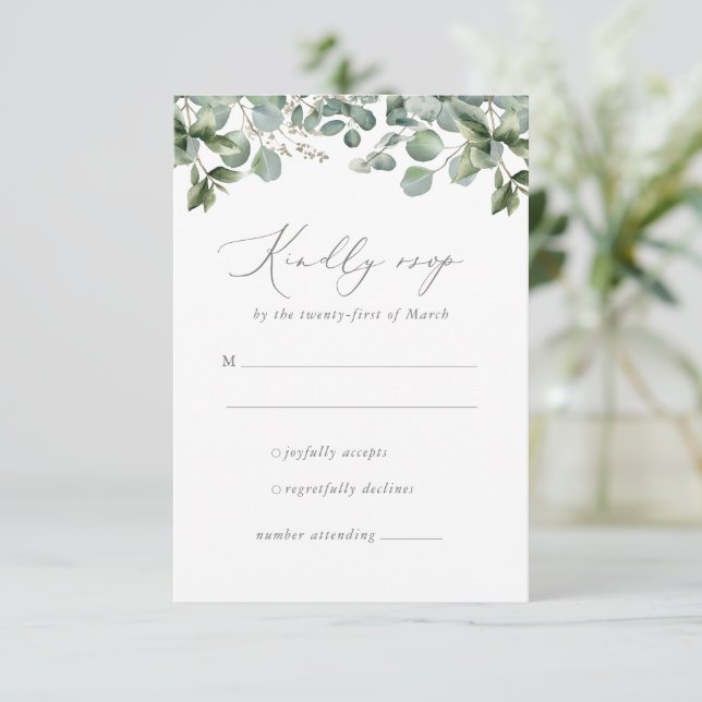 Rustic Elegant Greenery Eucalyptus Wedding RSVP Card (Standing Front)