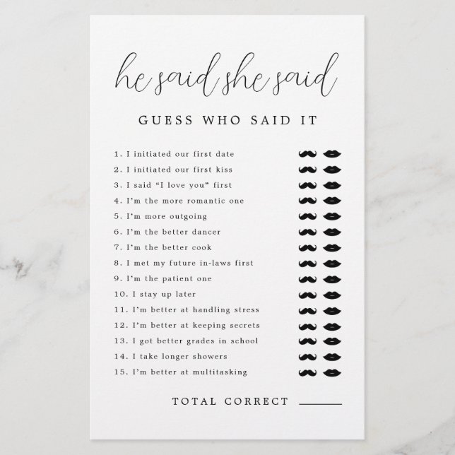 Rustic Elegant He Said She Said Bridal Shower Game (Front)