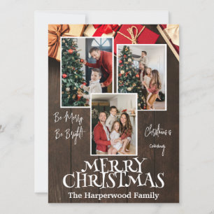 Rustic Elegant Joy Christmas Family Photo Collage Holiday Card