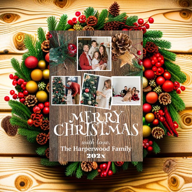 Rustic Elegant Joy Christmas Family Photo Collage Holiday Card (Creator Uploaded)