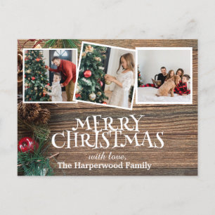 Rustic Elegant Joy Christmas Family Photo Collage Holiday Postcard