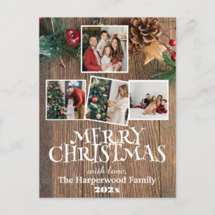 Rustic Elegant Joy Christmas Family Photo Collage Holiday Postcard