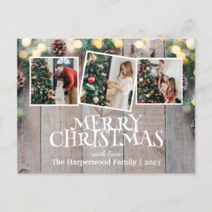 Rustic Elegant Joy Christmas Family Photo Collage Holiday Postcard