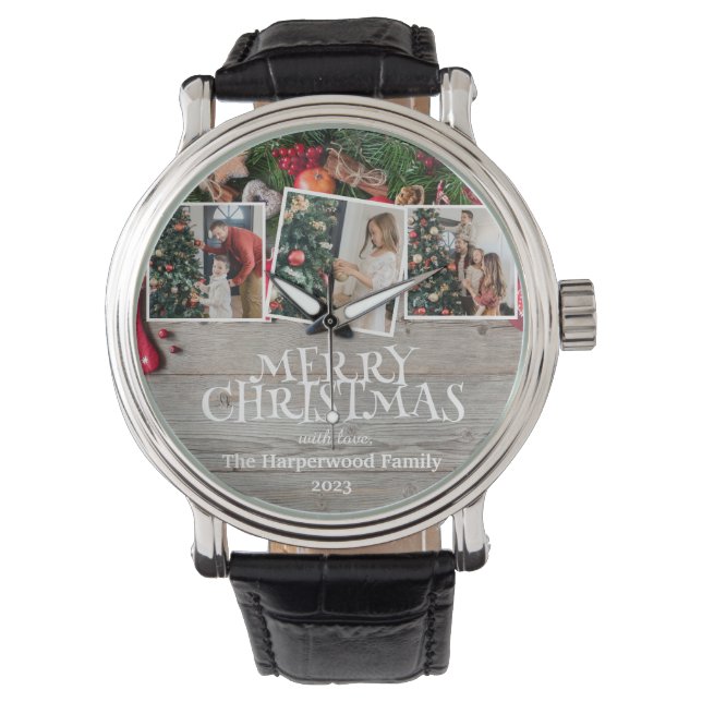Rustic Elegant Joy Christmas Family Photo Collage Watch (Front)