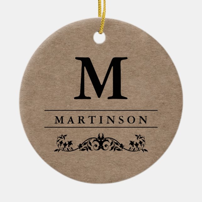 Rustic Elegant Kraft Paper Monogram with Flourish Ceramic Tree Decoration (Front)