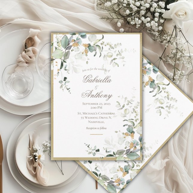 Rustic Elegant Leaves Greenery Gold Wedding  Invitation (Creator Uploaded)