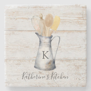 Rustic Elegant Monogram Kitchen Utensils Stone Coaster