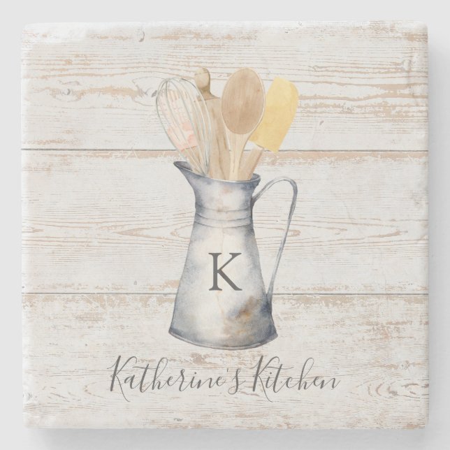 Rustic Elegant Monogram Kitchen Utensils Stone Coaster (Front)