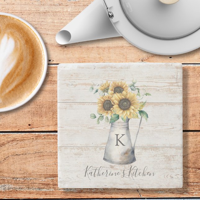 Rustic Elegant Monogram Sunflower Eucalyptus Stone Coaster (In situ)