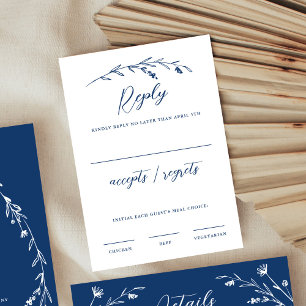 Rustic Elegant Navy Blue Wildflower Wedding RSVP Card