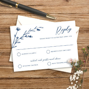 Rustic Elegant Navy Blue Wildflower Wedding RSVP Card