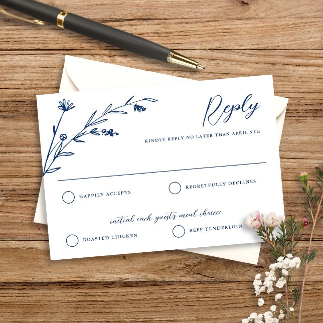 Rustic Elegant Navy Blue Wildflower Wedding RSVP Card (Creator Uploaded)