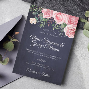Rustic elegant navy pink floral watercolor wedding invitation