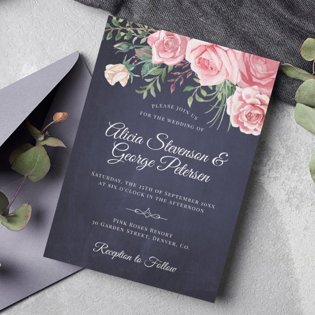 Rustic elegant navy pink floral watercolor wedding invitation (Creator Uploaded)